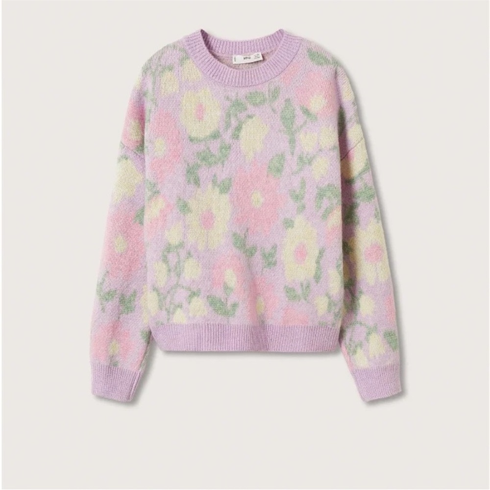 NWOT MANGO brand XS floral sweater purple pastel flowers crew long-sleeves